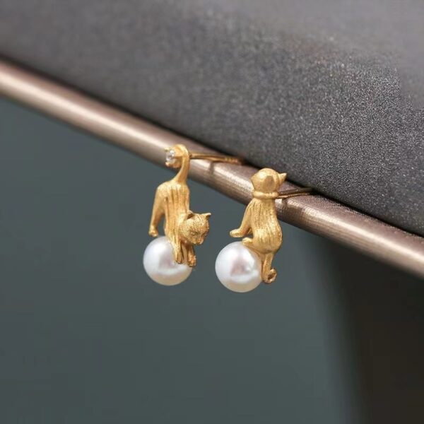 Cute Cat Ear Studs Fun And Cute Asymmetric Pearl Earrings - Image 2