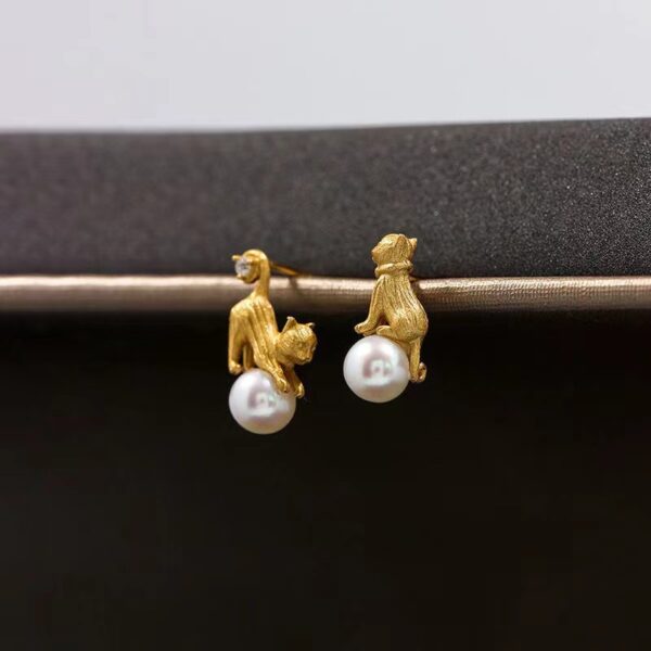 Cute Cat Ear Studs Fun And Cute Asymmetric Pearl Earrings - Image 4