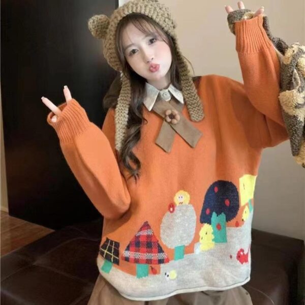 Cartoon Loose Orange Round Neck Long Sleeve Sweater