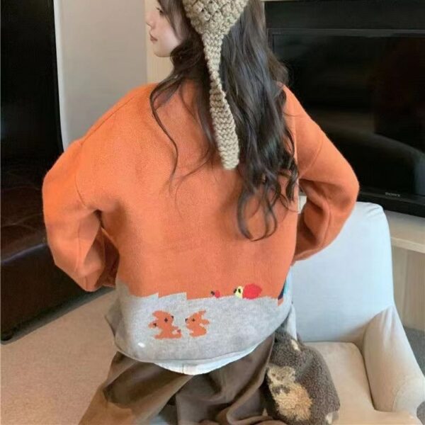 Cartoon Loose Orange Round Neck Long Sleeve Sweater - Image 2