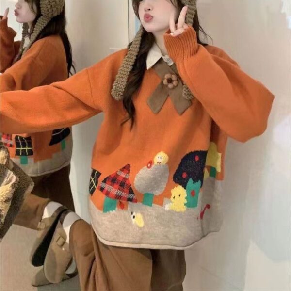 Cartoon Loose Orange Round Neck Long Sleeve Sweater - Image 5