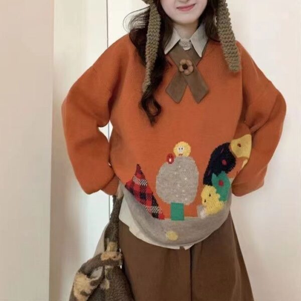 Cartoon Loose Orange Round Neck Long Sleeve Sweater - Image 4