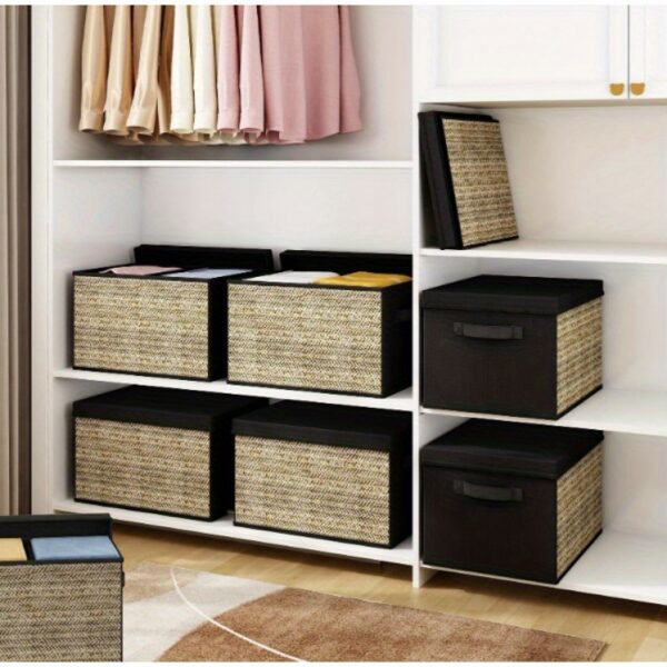 4pcs Green Rattan Rectangular Storage Bins With Handles, Collapsible Fabric Cube Organizers, Multipurpose Lidded Containers For Toys, Clothes - Non-Waterproof, Box, Cabinet, Rack For Outdoor Storage - Image 5